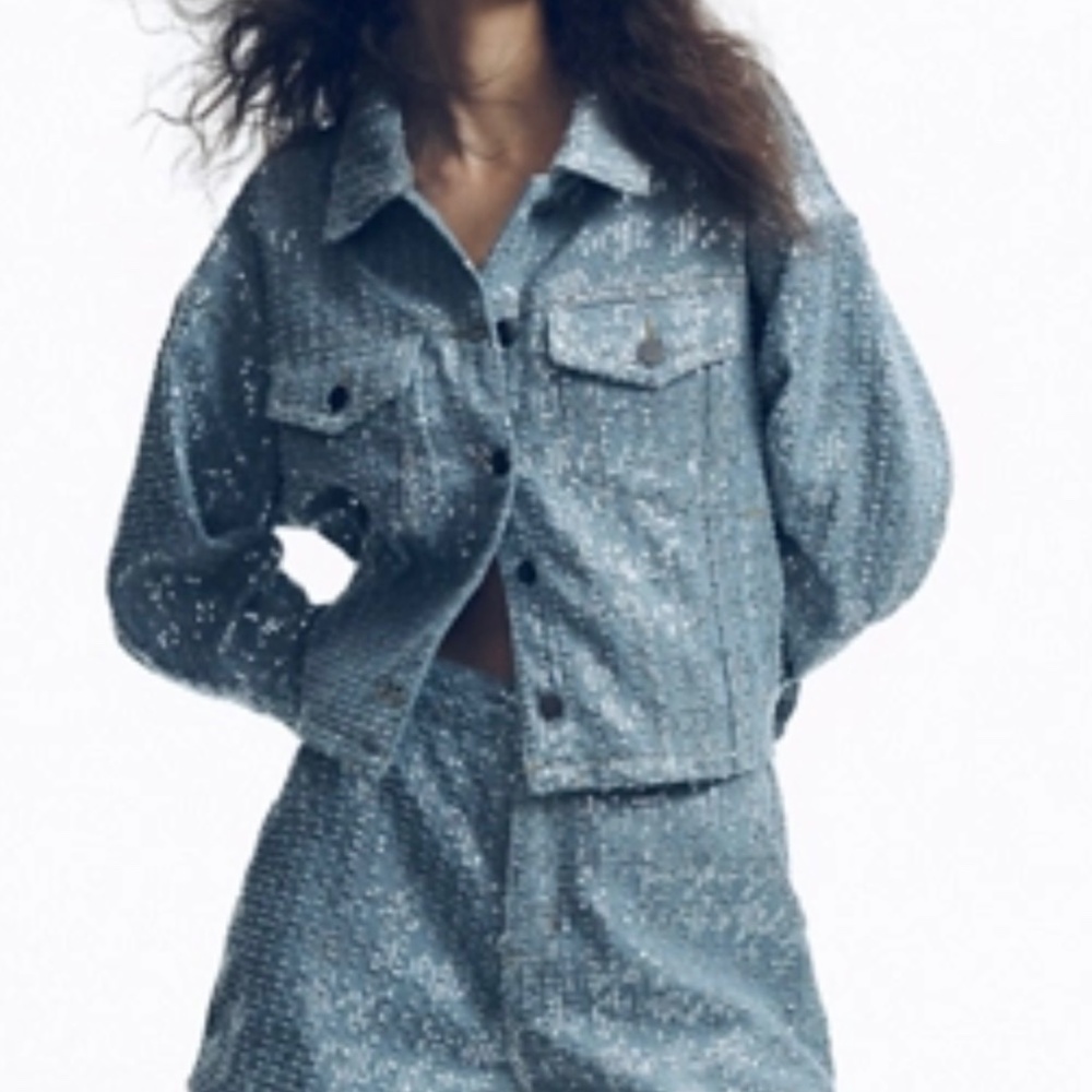 NWOT! ANTHROPOLOGIE Flat White Sequin Houndstooth Denim Jacket Size M
